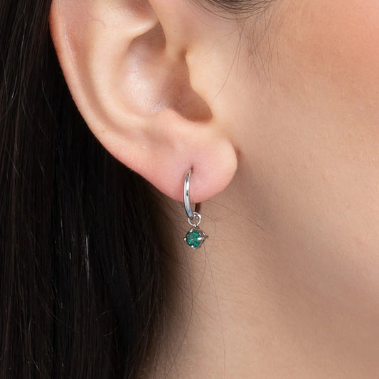 MONO ORECCHINI DONNA IN ACCIAIO CERCHIO CON ZIRCONE VERDI