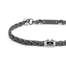 Bracciale catena sonaglio piatta con elemento centrale in ceramica sfaccettata nera lucida