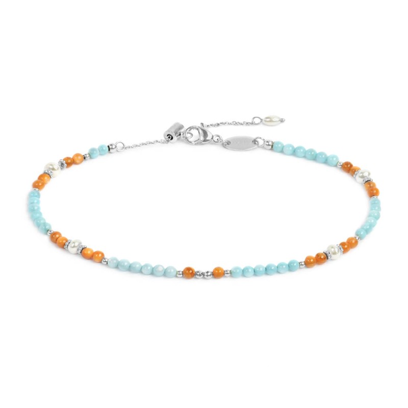Cavigliera con elementi madreperla colorati e perle bianche irregolari base bianca