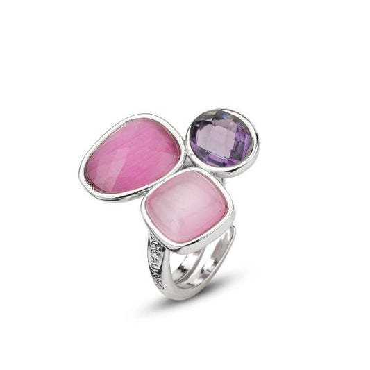 Anello a tre cristalli rosa shocking, rosa e ametista