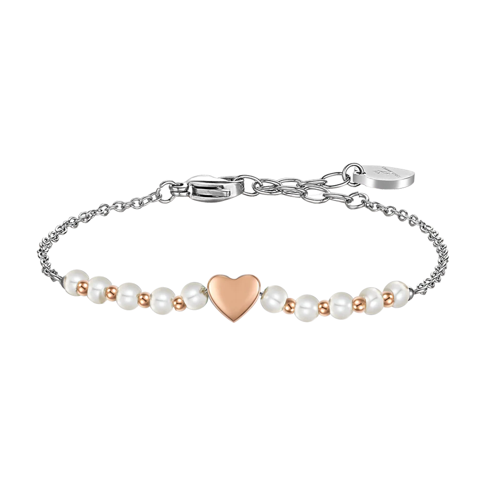 BRACCIALE DONNA IN ACCIAIO IP GOLD E PERLE SINTETICHE BIANCHE CON CUORE IP ROSE