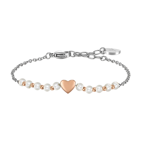 BRACCIALE DONNA IN ACCIAIO IP GOLD E PERLE SINTETICHE BIANCHE CON CUORE IP ROSE