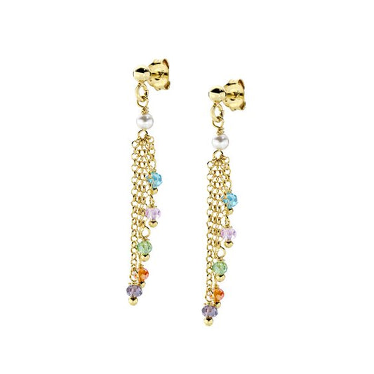 Orecchini a Cascata Rainbow Dorati con Cristalli e Perle