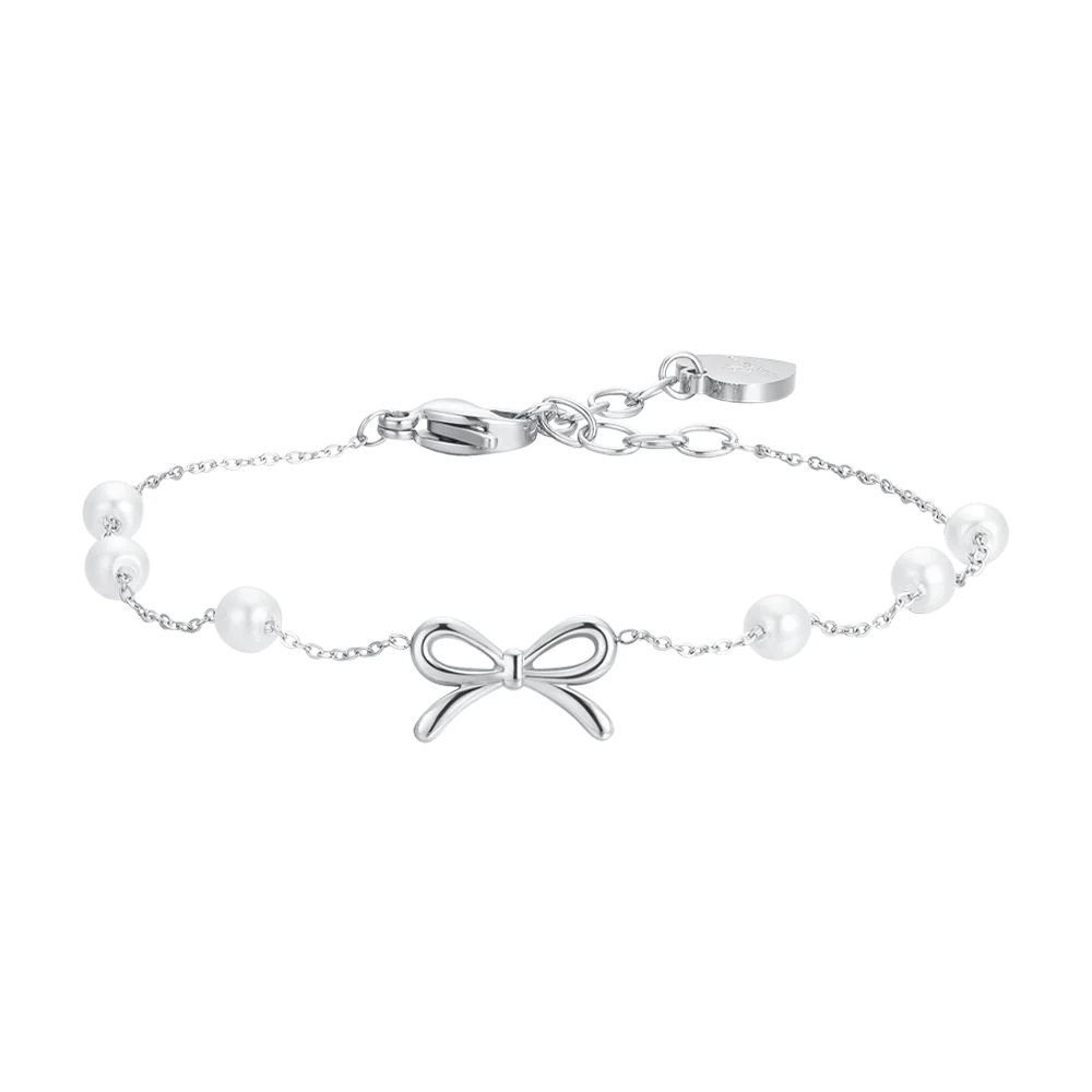 BRACCIALE DONNA IN ACCIAIO PERLE SINTETICHE E FIOCCO