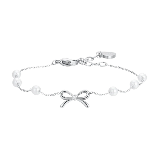 BRACCIALE DONNA IN ACCIAIO PERLE SINTETICHE E FIOCCO