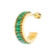 Orecchino a cerchio tennis zirconi baguette BASE GIALLA COLORE VERDE
