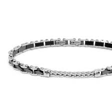 Bracciale elementi ceramica sfaccettata nera lucida e centrale con catena foxtail piatta