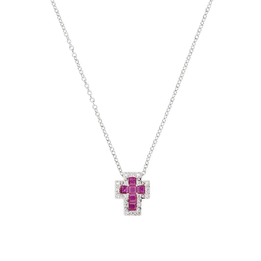 Collana mini Doppia Croce con Zirconi Bianchi e Rubino