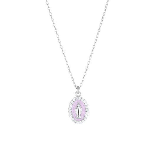 Collana Rodiata mini Medaglia Miracolosa smaltata Rosa Perla