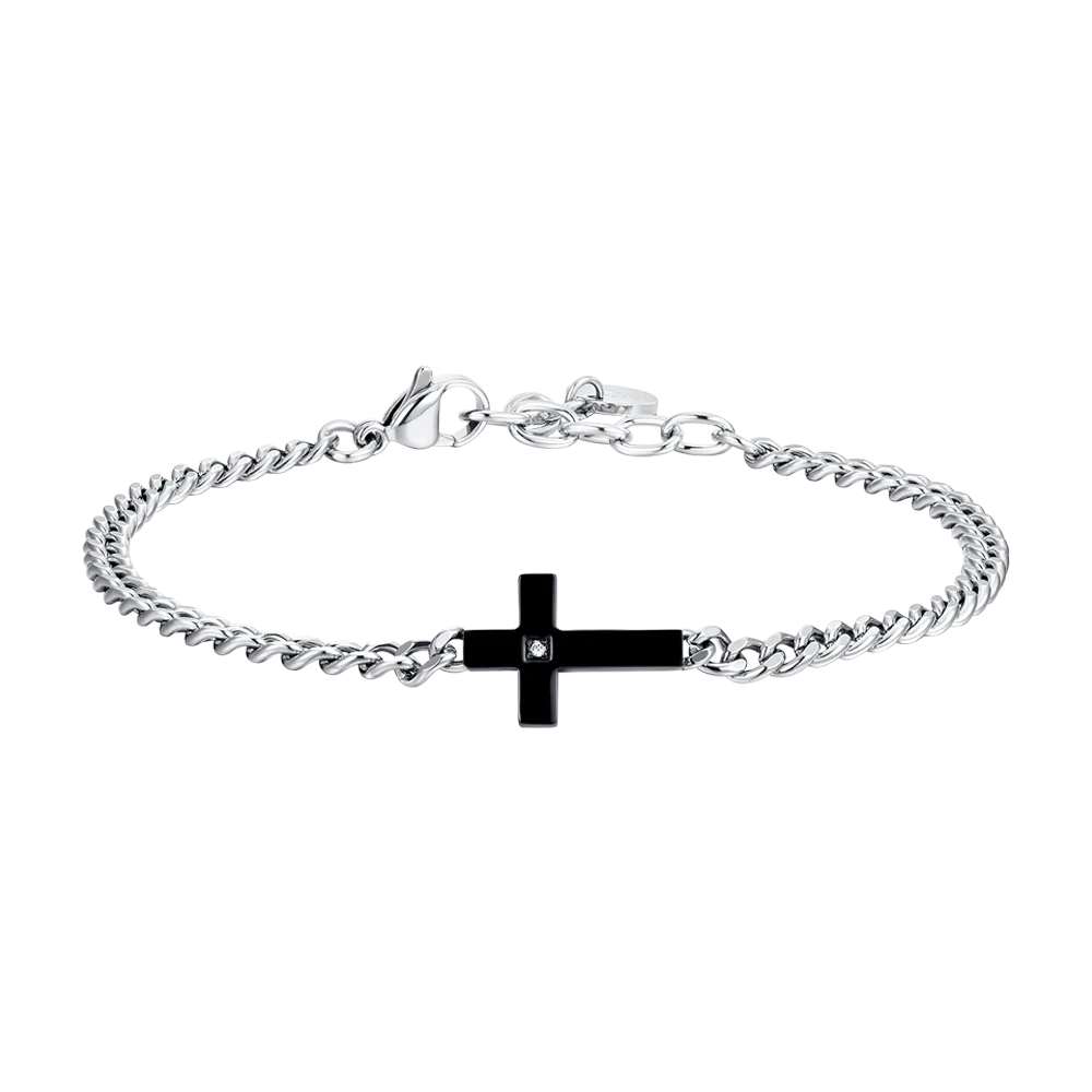 BRACCIALE UOMO IN ACCIAIO CROCE IP BLACK E ZIRCONE BIANCO