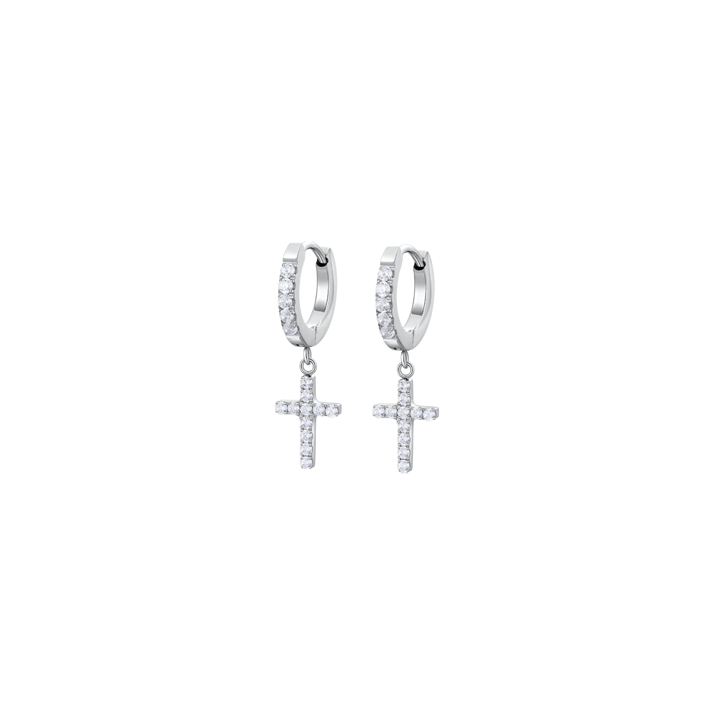 ORECCHINI DONNA CERCHIO IN ACCIAIO CON CROCE E ZIRCONI BIANCHI