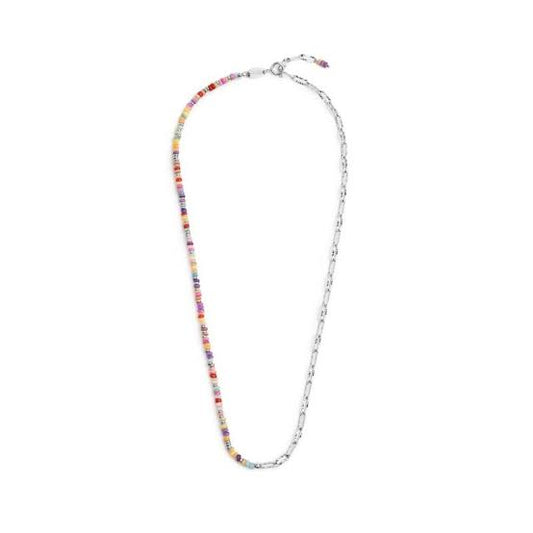 COLLANA CON PERLINE COLORATE E CATENA A MAGLIA LARGA BASE BIANCA