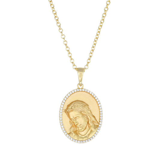 Collana Medaglia Volto di Gesù Dorata con Zirconi Bianchi