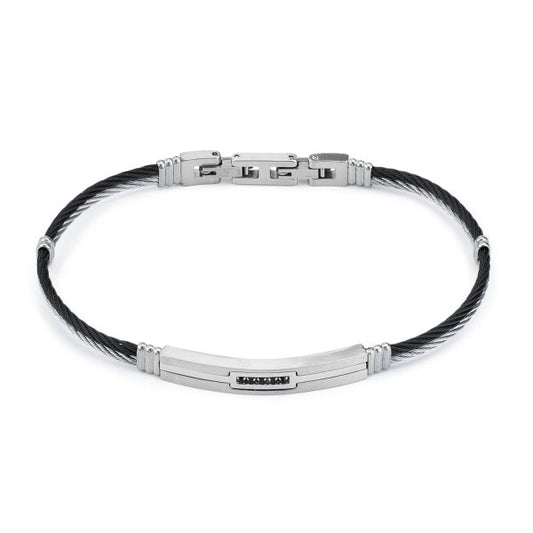 Bracciale uomo con cordino nero e cordino rodiato e centrale Cubic zirconia nera incastonati