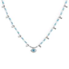 COLLANA CON OCCHIO PENDETE ED ELEMENTI DI EMATITE SFACCETTATA BASE BIANCA