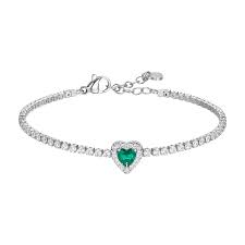 BRACCIALE TENNIS DONNA IN ACCIAIO CON CUORE CON ZIRCONI VERDI E BIANCHI