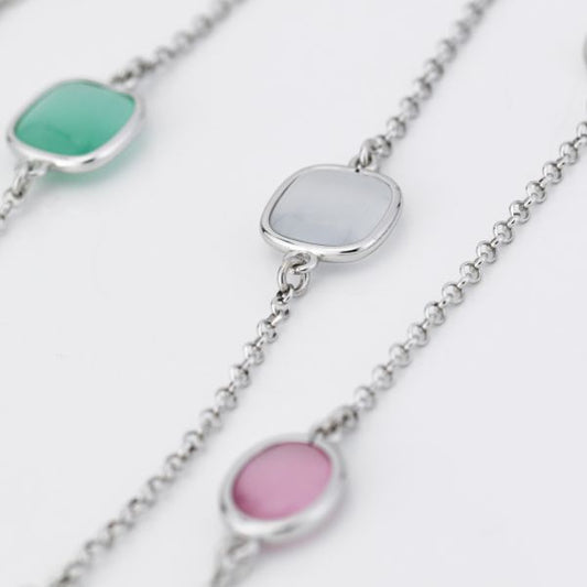 Collana lunga con cristalli ametista viola, white, rosa baby e azzurro lattiginoso