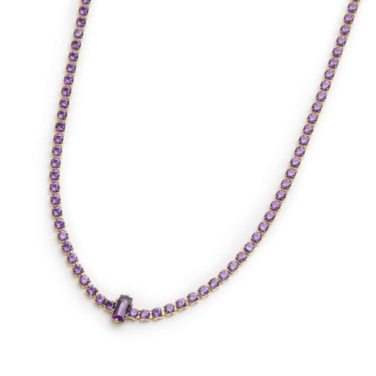 Collana tennis con zirconi  VIOLA e zircone centrale baguette (BASE GIALLA)