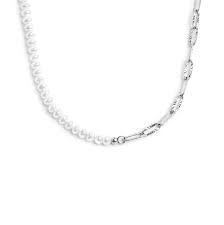Collana catena figaro e catena con perle bianche irregolari BIANCO