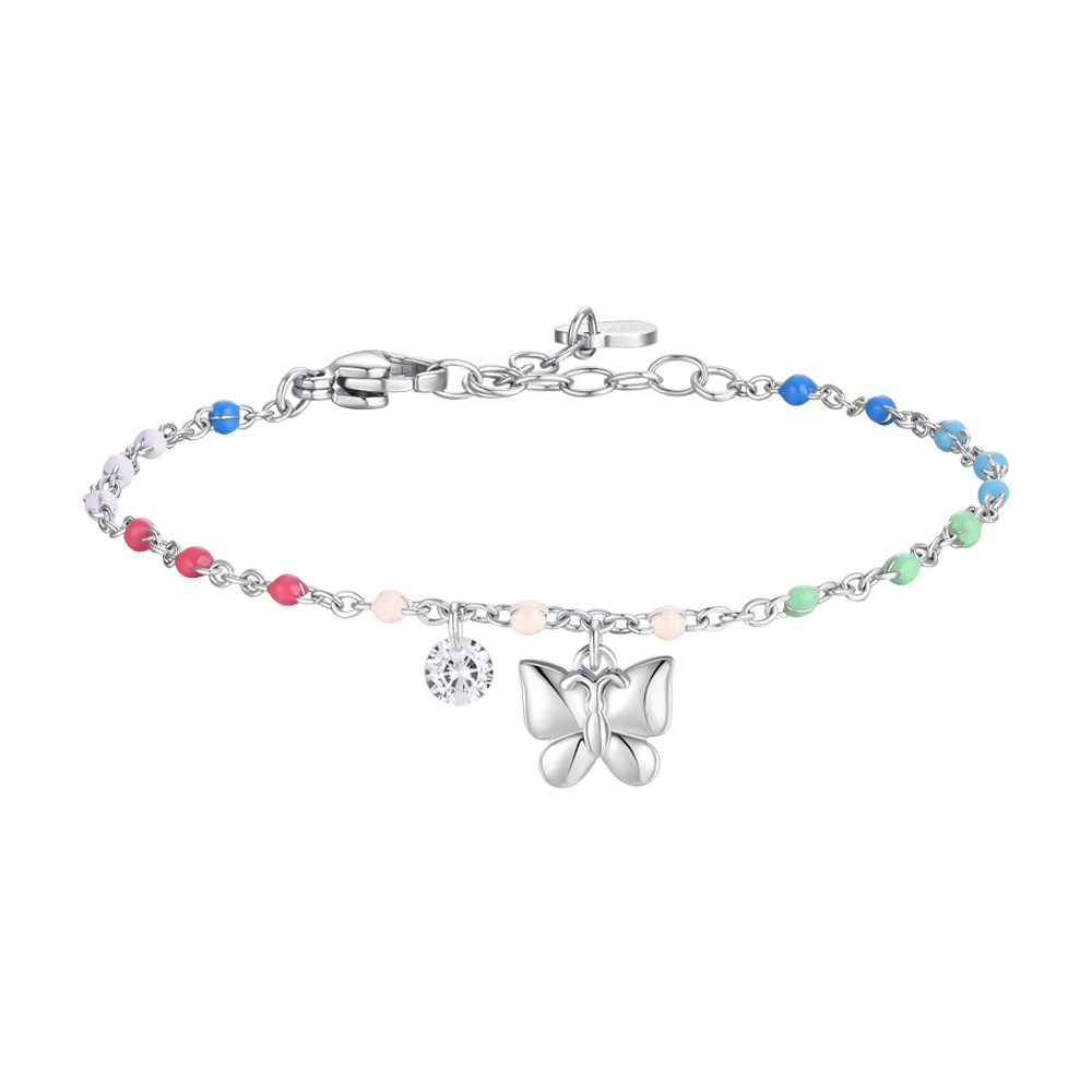 BRACCIALE PALLINE MULTICOLORE CON PENDENTE FARFALLA