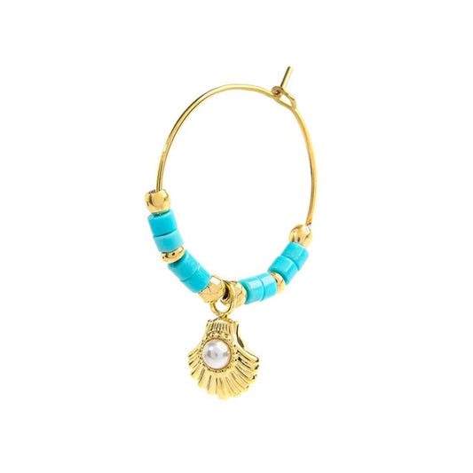 Orecchino a cerchio conchiglia con perla e perline turchesi (BASE GIALLA )