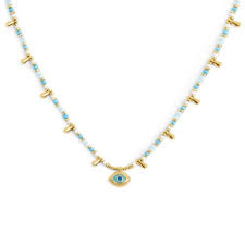 COLLANA CON OCCHIO PENDENTE ED ELEMENTI DI EMATITE SFACCETTATA BASE GIALLA