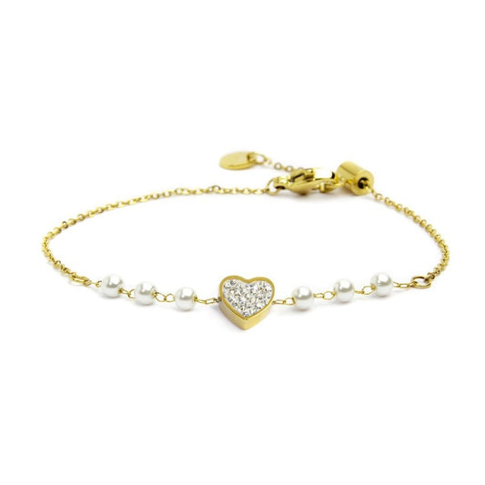 Bracciale cuore cristalli con perle (BASE GIALLA)