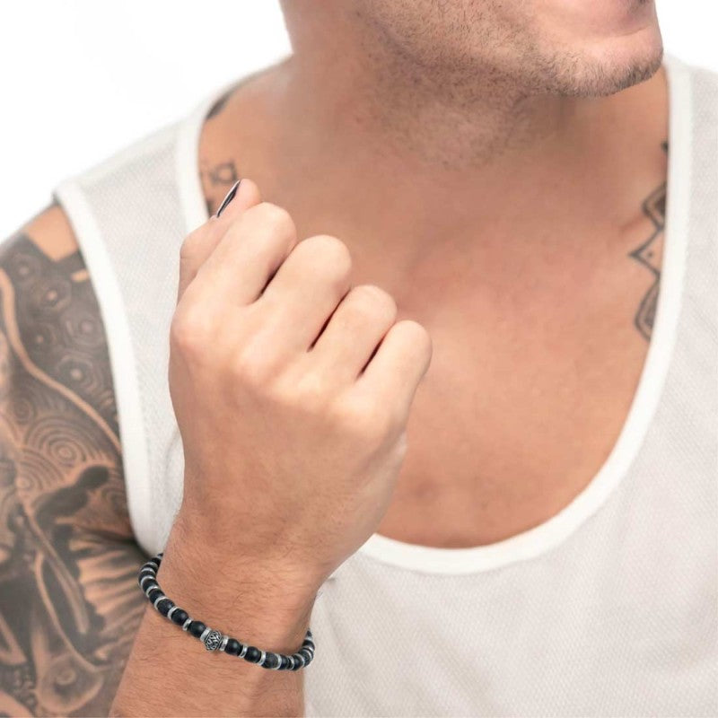 BRACCIALE A SFERE IN ONICE NERA E PIETRA LAVICA