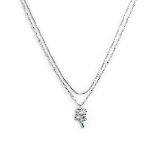 Collana doppia catena snake quadrata con serpente pendente BIANCO