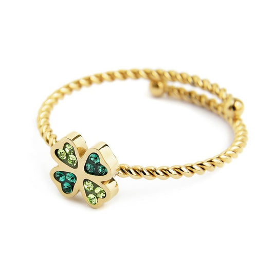 Anello quadrifoglio con cristalli verde ( BASE GIALLA )