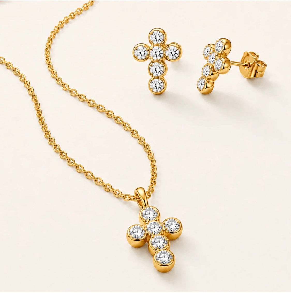 PARURE CROCE ACCIAIO DORATO CON ZIRCONI