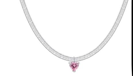 COLLANA CUORE ROSA CON MAGLIA PIATTA
