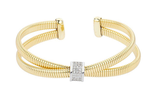 BRACCIALE RIGIDO DUE FASCE CON CENTRALE PAVE’ E BASE DORATA